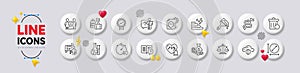 Timer, Instruction manual and Chemistry lab line icons. For web app, printing. White buttons 3d icons. Vector