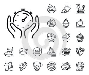 Timer line icon. Time management sign. Stopwatch. Crepe, sweet popcorn and salad. Vector