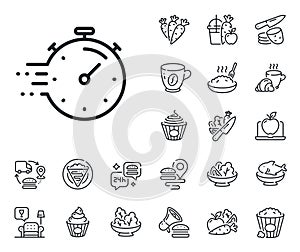 Timer line icon. Time management sign. Stopwatch. Crepe, sweet popcorn and salad. Vector