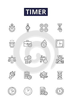 Timer line vector icons and signs. stopwatch, chronometer, countdown, interval, delay, ordnance, meter, markers outline