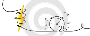 Timer 25 minutes line icon. Stopwatch time sign. Continuous line with curl. Vector