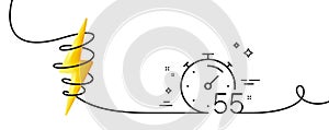Timer 55 minutes line icon. Stopwatch time sign. Continuous line with curl. Vector