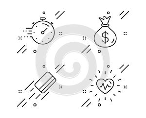 Timer, Money bag and Credit card icons set. Heartbeat sign. Deadline management, Usd currency, Bank payment. Vector