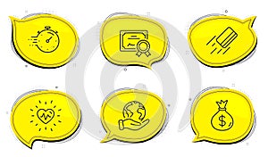 Timer, Money bag and Credit card icons set. Heartbeat sign. Deadline management, Usd currency, Bank payment. Vector