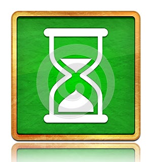 Timer sand hourglass icon chalk board green square button slate texture wooden frame concept isolated on white background with