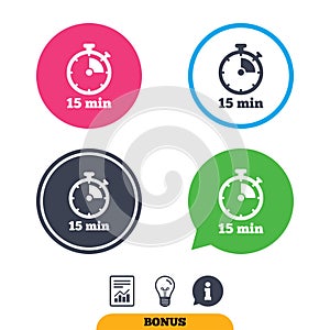 Timer sign icon. 15 minutes stopwatch symbol.