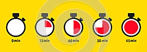 Timer  stopwatch  chronometer  time  clock icon . Countdown 10  20  30  40  50  60 minutes on an isolated background. EPS 10