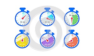 Timer, stopwatch, chronometer, time, clock icon flat. Countdown 10, 20, 30, 40, 50, 60 minutes on an isolated white background.
