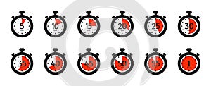 Timer and stopwatch icon set. Countdown timer with different time. Kitchen stopwatch symbol for cooking or sports clock with min