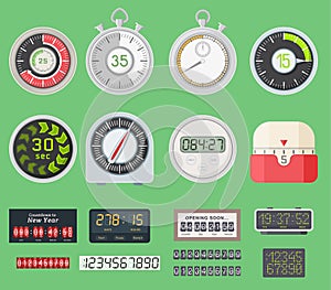 Timer vector clocks watch symbol hour stopwatch illustration. Kitchen timers sign minute second design alarm chronometer