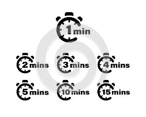 Timer vector icons. 1, 2, 3, 4, 5, 10 and 15 minutes stopwatch symbols. Vector illustration EPS 10 photo