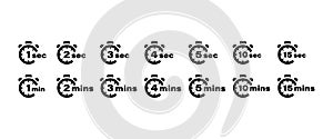 Timer vector icons set. 1, 2, 3, 4, 5, 10 and 15 seconds and minutes stopwatch symbols. Vector illustration EPS 10