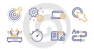 Timer, Work and Engineering documentation icons set. Targeting, Notebook service and Click here signs. Vector