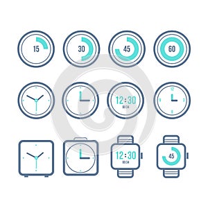 timers set. Variety of the clock icons. Modern flat style.