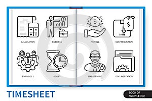 Timesheet infographics linear icons collection