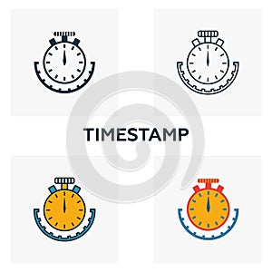 Timestamp icon set. Four elements in diferent styles from crypto currency icons collection. Creative timestamp icons filled,