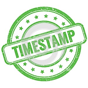TIMESTAMP text on green grungy round rubber stamp