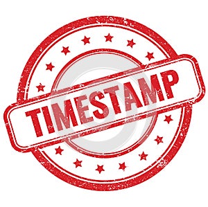 TIMESTAMP text on red grungy round rubber stamp