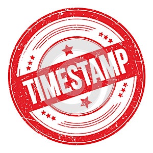 TIMESTAMP text on red round grungy stamp