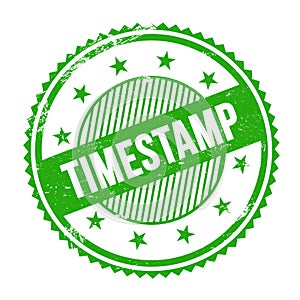 TIMESTAMP text written on green grungy round stamp