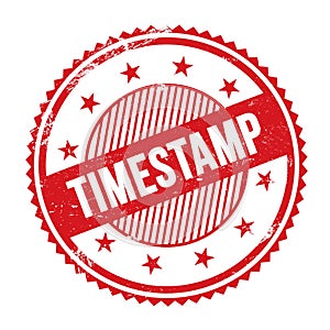 TIMESTAMP text written on red grungy round stamp