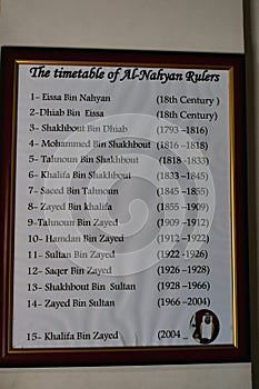 The timetable of Al Nahyan rulers. Taken in the United Arab Emirates near Abu Dhabi