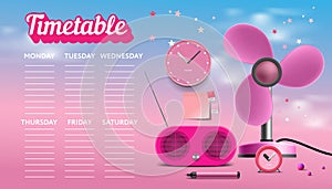 Timetable in Barbie style. Weekly planner, back to school template. Kids schedule design template