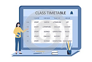 Timetable class, online lesson schedule concept. The teacher in a protective mask with a tablet near the curriculum. Study under