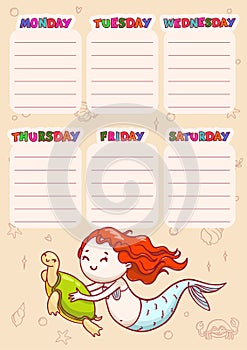 Timetable with days of weeks for school. Vector schedule for children with cartoon mermaid and turtle