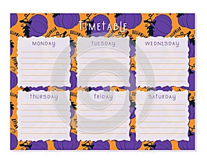 Timetable Halloween Pumpkin pattern , Class schedule, weekly calendar. Organizer information template. Empty school