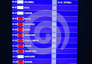 Timetable showing and informed flight status in airport