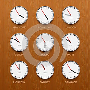 Timezone clocks showing different time, wooden