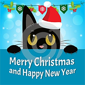 Timid Cat. Happy New Year Card With Cat Vector. Christmas Kitty With Red Santa Hat.