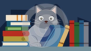 A timid grey cat hiding a the cookbooks peeking out with caution at the bustling customers.. Vector illustration.