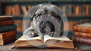 timid little pug with glasses opening book and reading for his finals photo