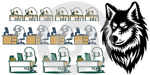 Timid office sheep workers overseen by fierce wolf vector graphics illustration