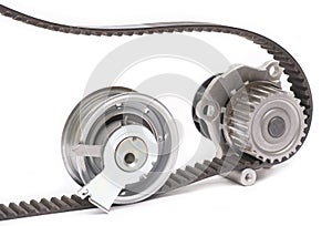 Timing belt and bearing on white background, Isolated