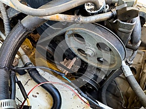 Timing belt of an old car closeup