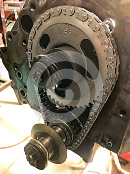 Timing Chain on Front of Rebuilt V8 Engine