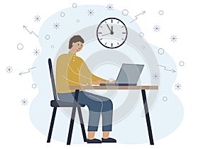 Timing concept in work or training. Illustration of a man in a workspace with a laptop