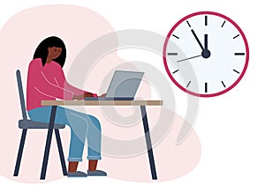 Timing concept in work or training. Illustration of a woman in a workspace with a laptop