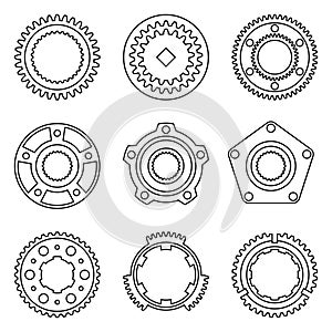 Timing pulley and hub assembly. Machine parts. Flat icons. Vector thin line