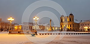 Timisoara covered in snow in winter time Union square unirii