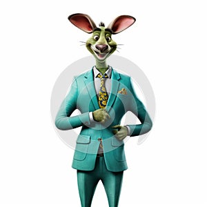 Friendly Kangaroo Cartoon Character In Vibrant Green Suit photo