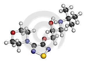 Timolol beta-adrenergic receptor antagonist drug molecule. Used in treatment of glaucoma, migraine, hypertension, etc. Atoms are