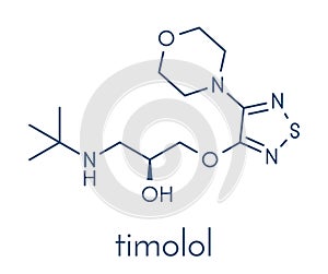Timolol beta-adrenergic receptor antagonist drug molecule. Used in treatment of glaucoma, migraine, hypertension, etc. Skeletal.