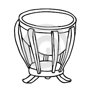 Timpani sketch illustration. Hand drawn black and white percussion musical instrument