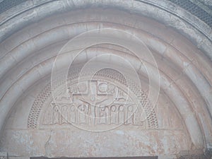 Timpano with three arches of Santa Maria de Siurana church, Tarragona, Spain, Europe