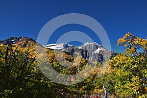 Timpanogos Mountain Peak from Willow Pine Hollow Ridge Trail hiking view Wasatch Rocky Mountains, Utah. USA