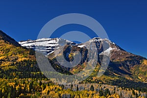 Timpanogos Mountain Peak from Willow Pine Hollow Ridge Trail hiking view Wasatch Rocky Mountains, Utah. USA